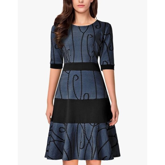 Noctflos Womens Half Sleeve A-Line Dress Blue Black Mesh Knee Length size Small - Picture 1 of 15